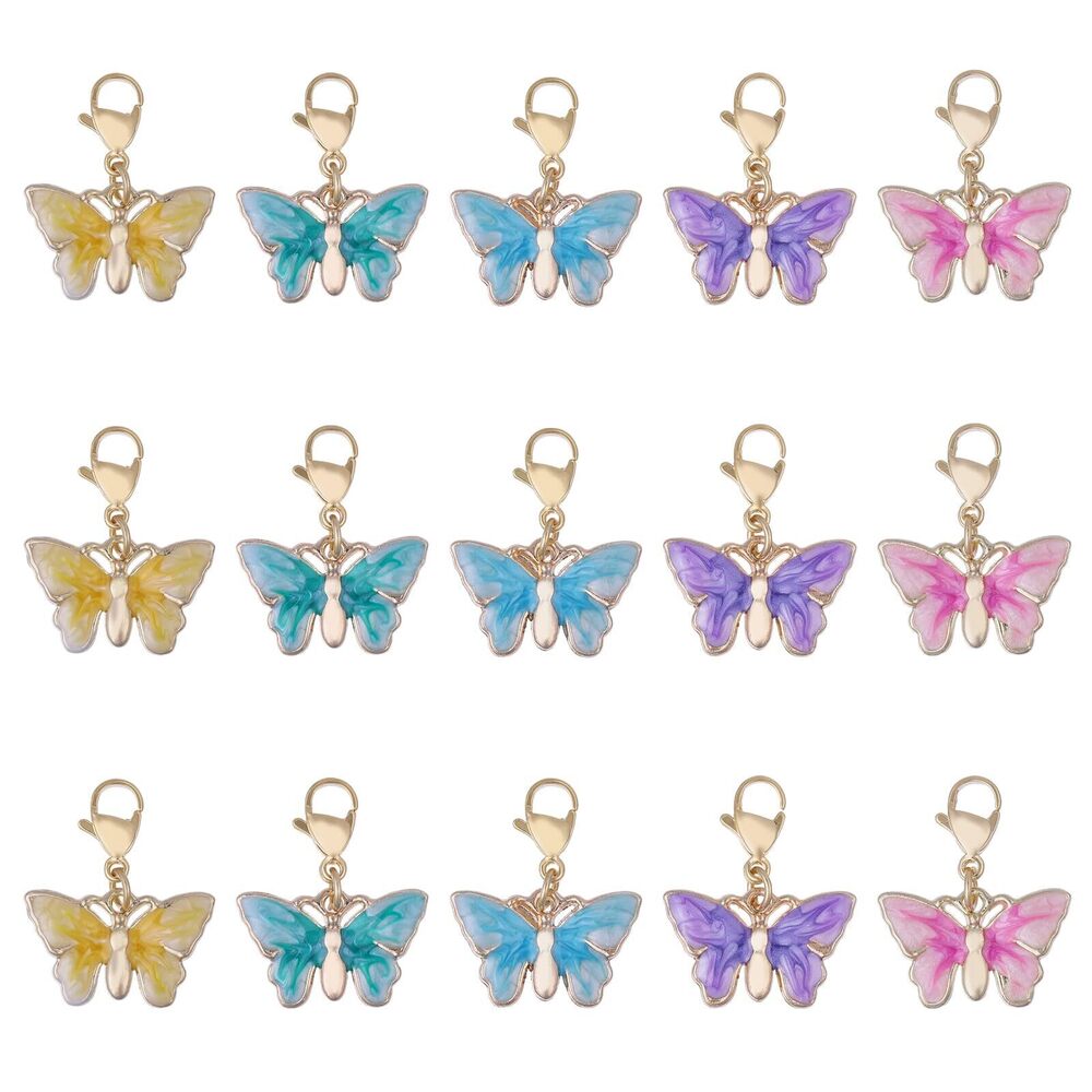 3957 15 Pcs 5 Colors Butterfly Dangle Charms with Alloy Lobster Clasp